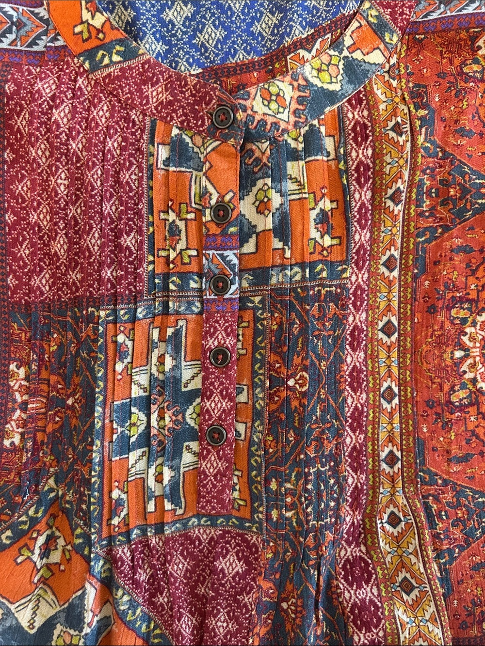 Coldwater Creek Patchwork Button-Down Shirt in Red, Orange, Blue - Picture 3 of 4